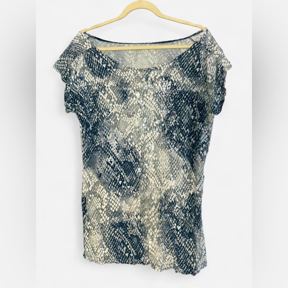 Blue Gray White Snakeskin Print Scoop Neck Blouse Sequin Details Women’s XL